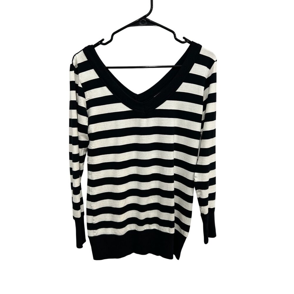 Zara Striped Black White Pullover Sweater Long Sleeve V-Neck Size L Casual